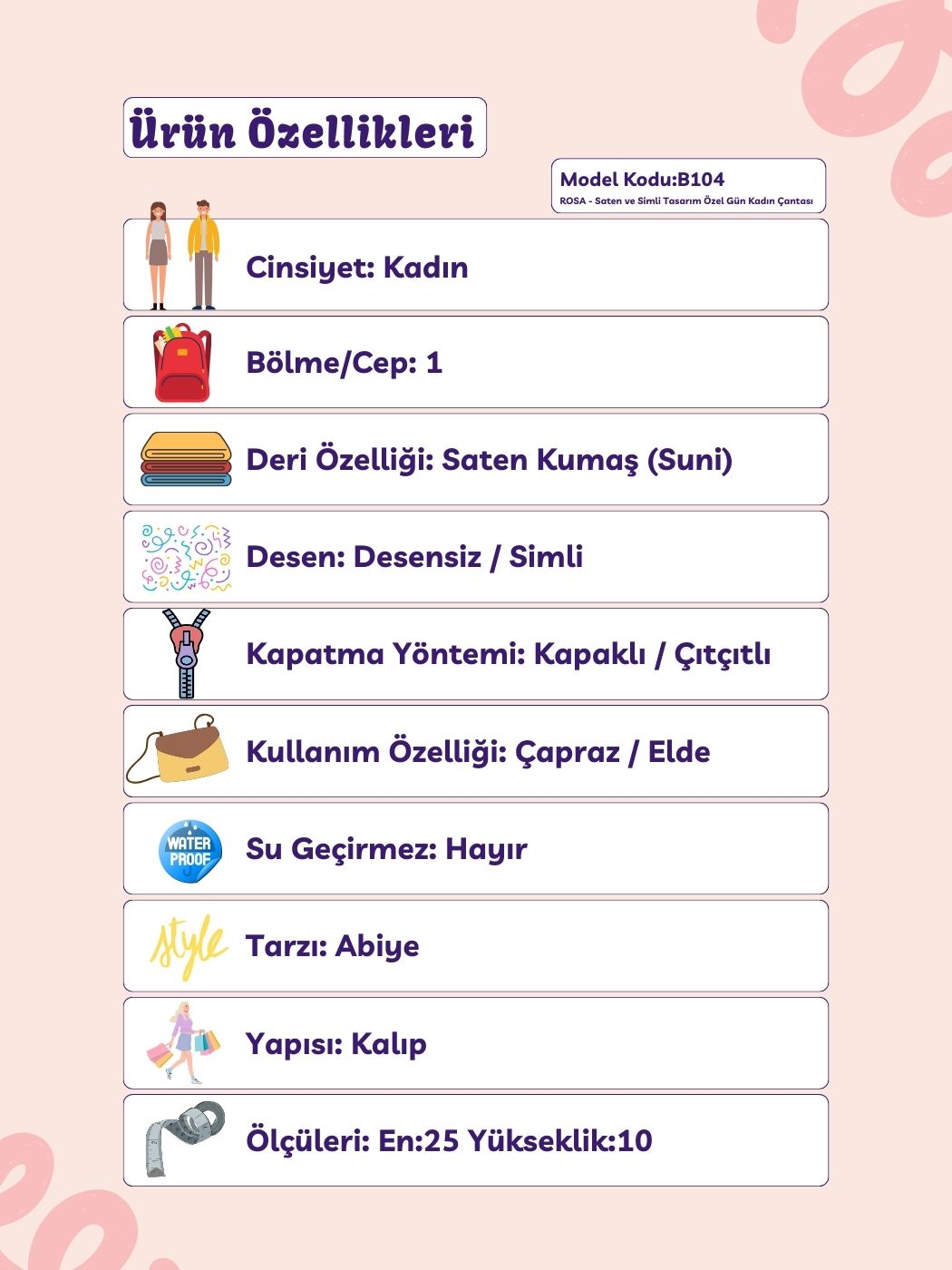 Rosa Tek Bölmeli Kalıp Model Kadın Abiye ve Gece Çantası