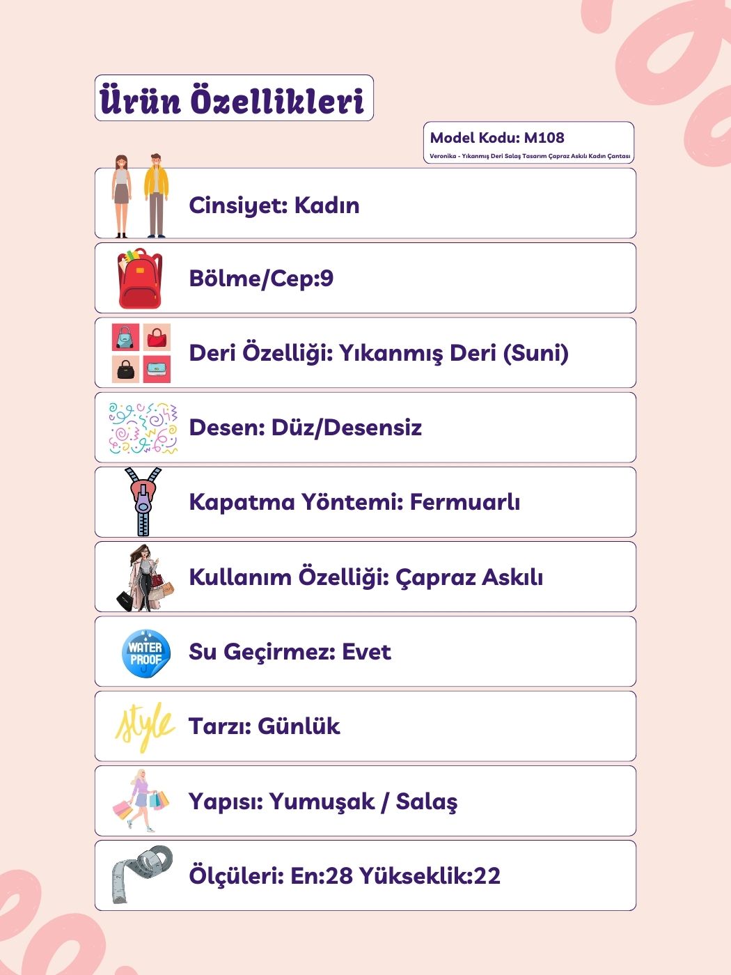 Veronika 9 Bölmeli Salaş ve Yumuşak Çapraz Kadın Çantası