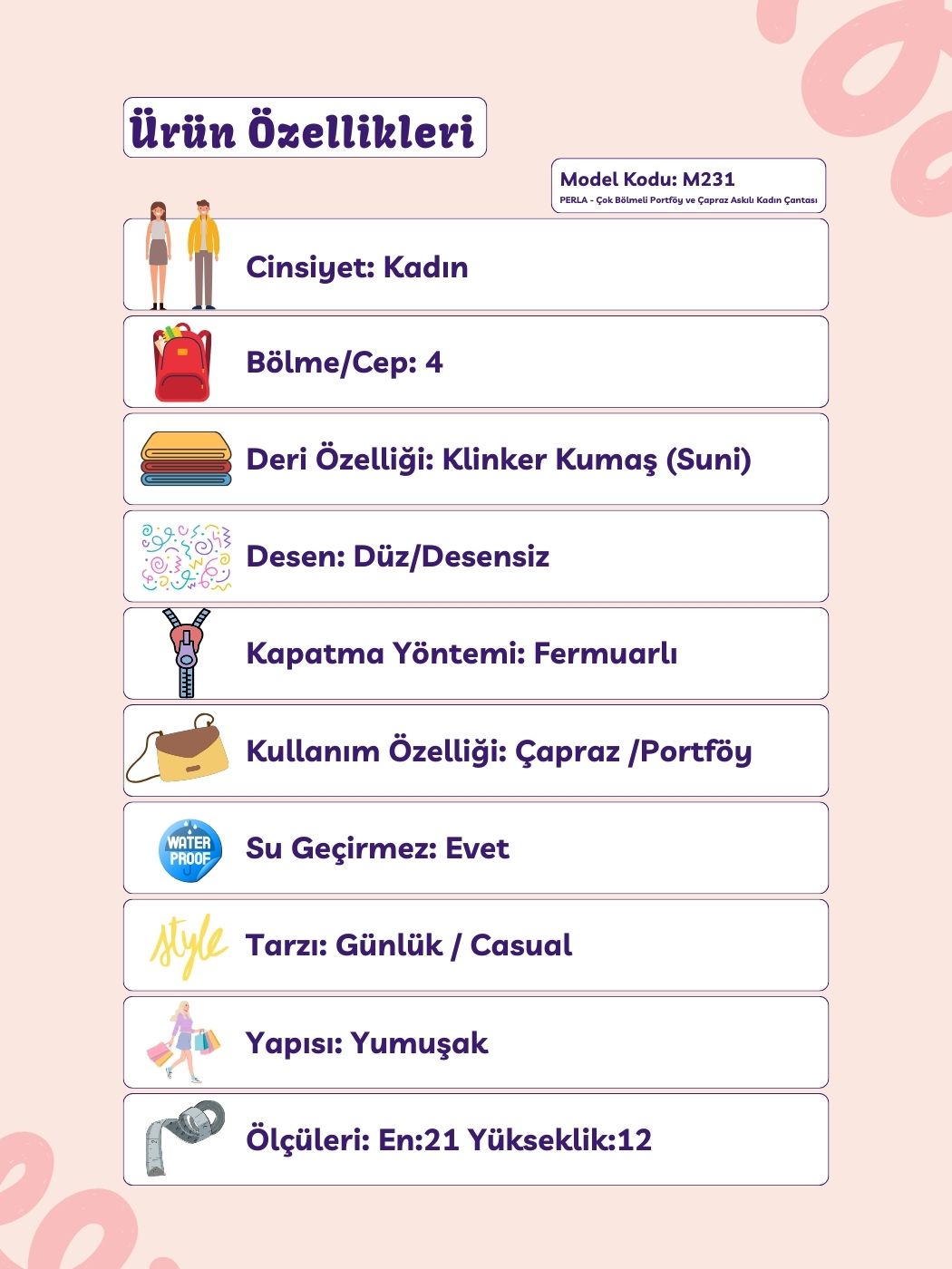 Perla 4 Bölmeli Klinker Kumaş Çapraz ve Portföy Kadın Çantası