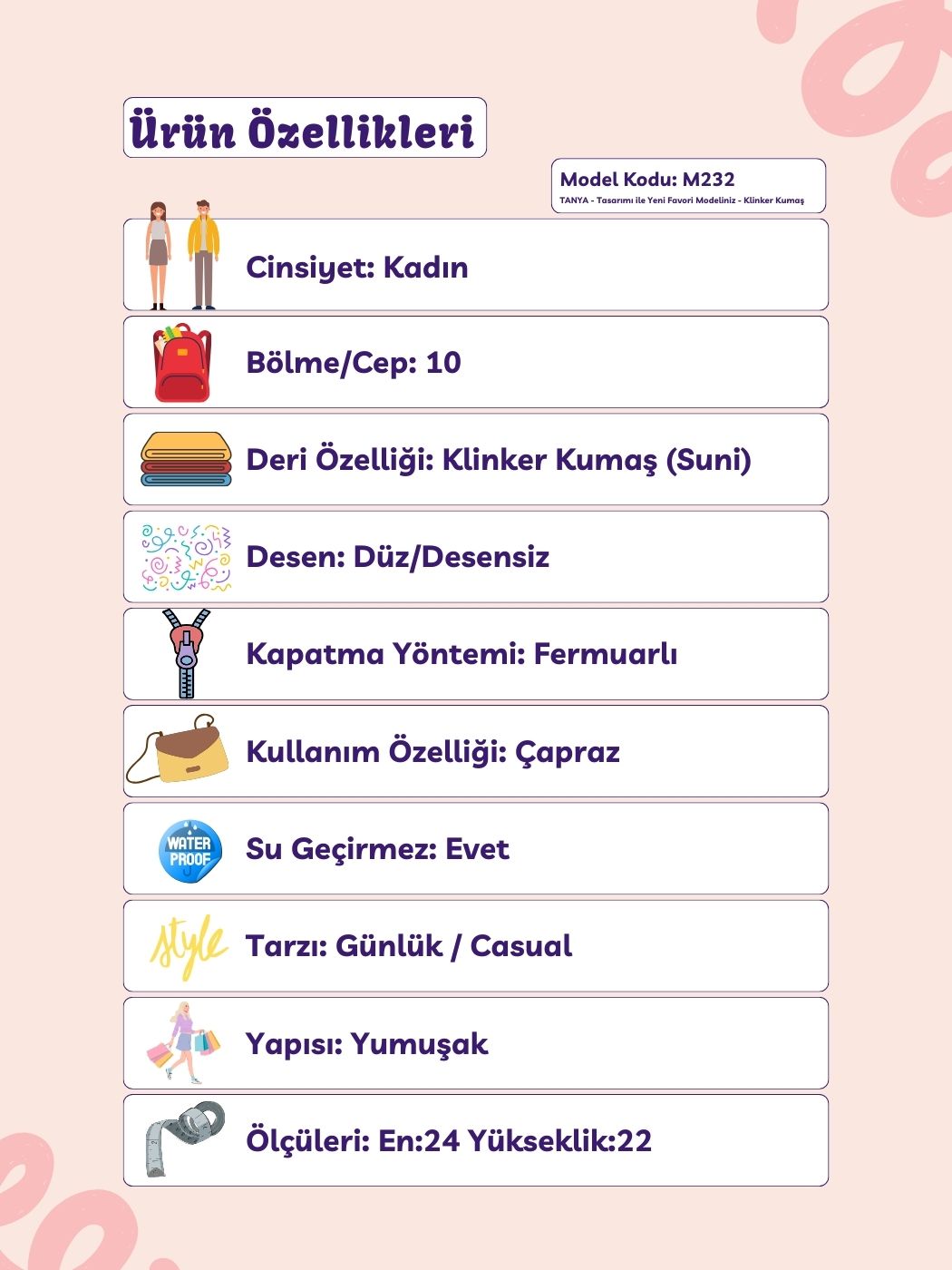 Tanya 10 Bölmeli Ayarlanabilir Çapraz Askılı Kadın Çantası