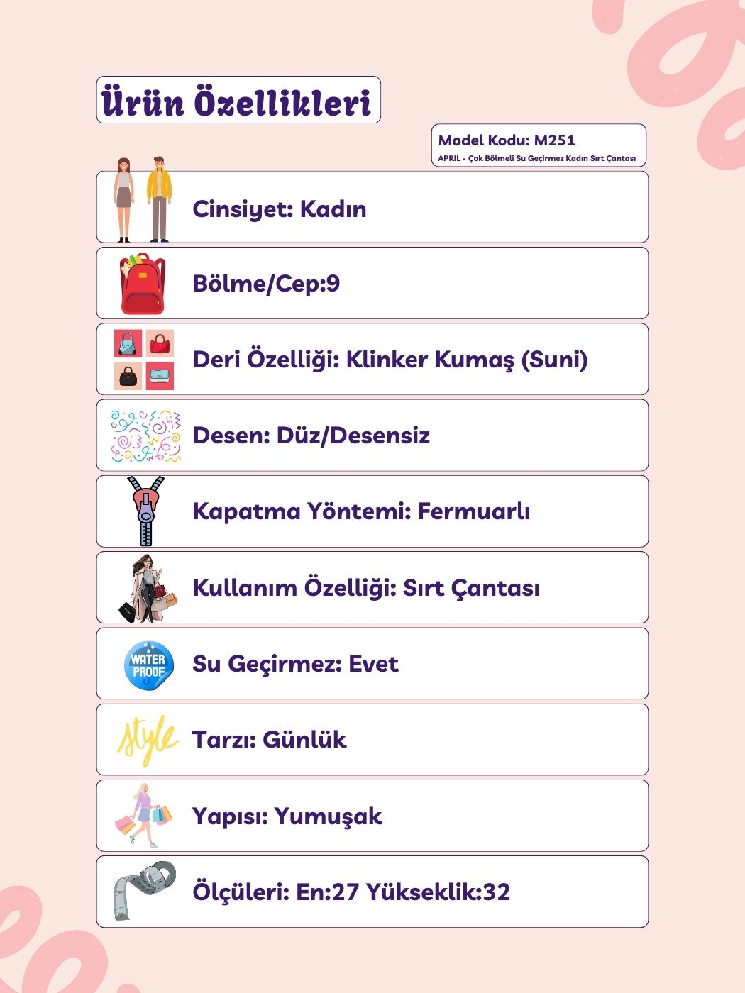 April Renkli Klinker Kumaş 9 Bölmeli Kadın Sırt Çantası