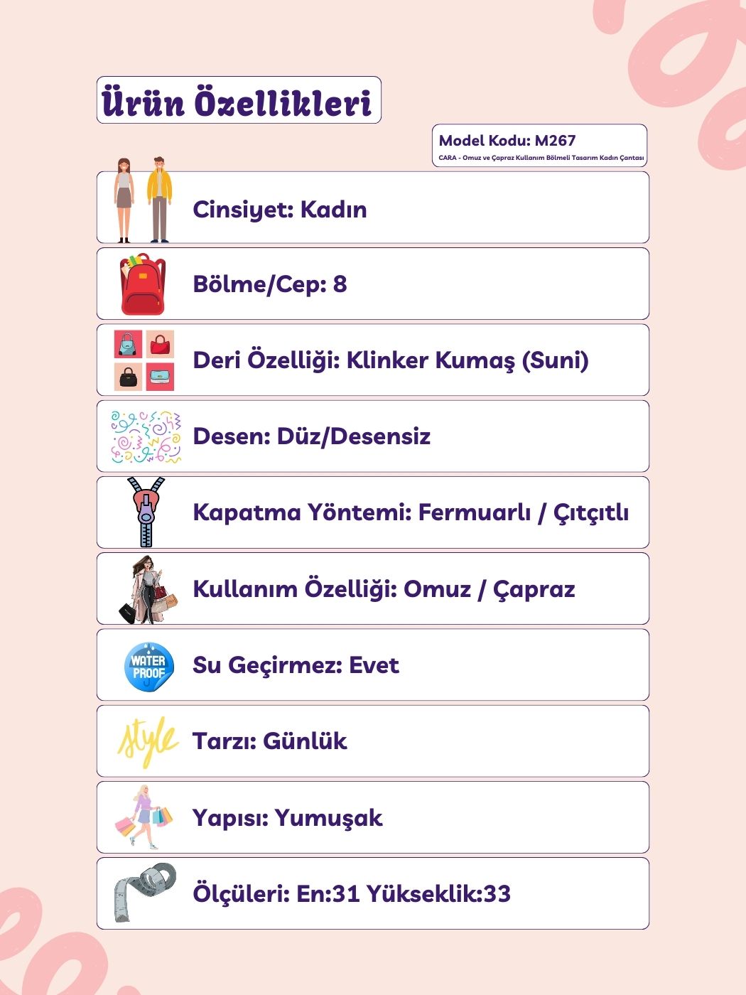 Cara 8 Bölmeli Omuz ve Çapraz Askılı Kadın Çantası