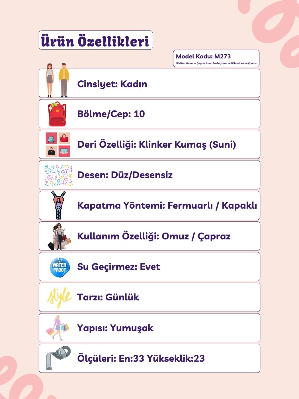 Jenna 10 Bölmeli Omuz ve Çapraz Askılı Kadın Çantası