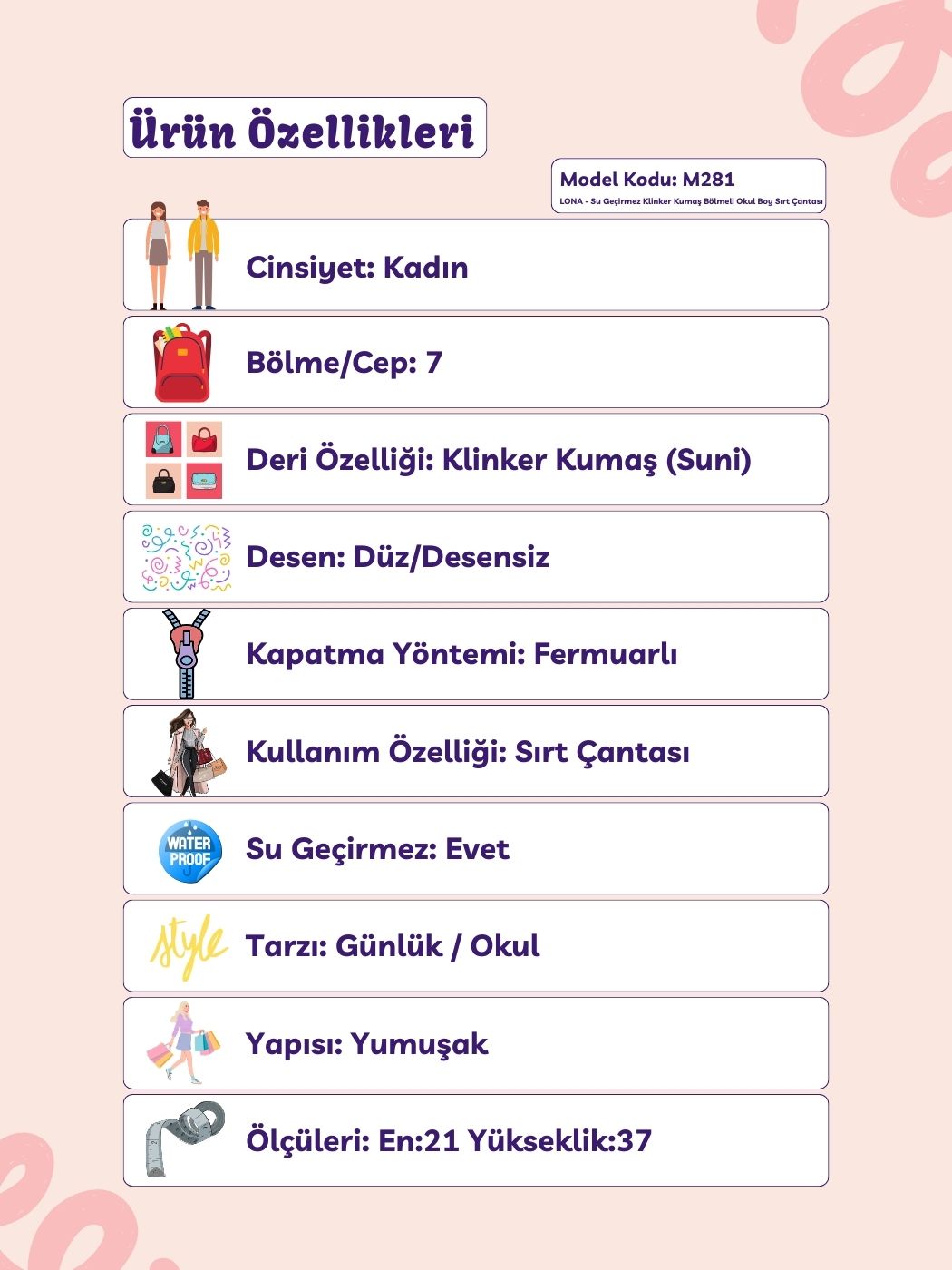 Lona Unisex Tasarım 7 Bölmeli Sırt Çantası