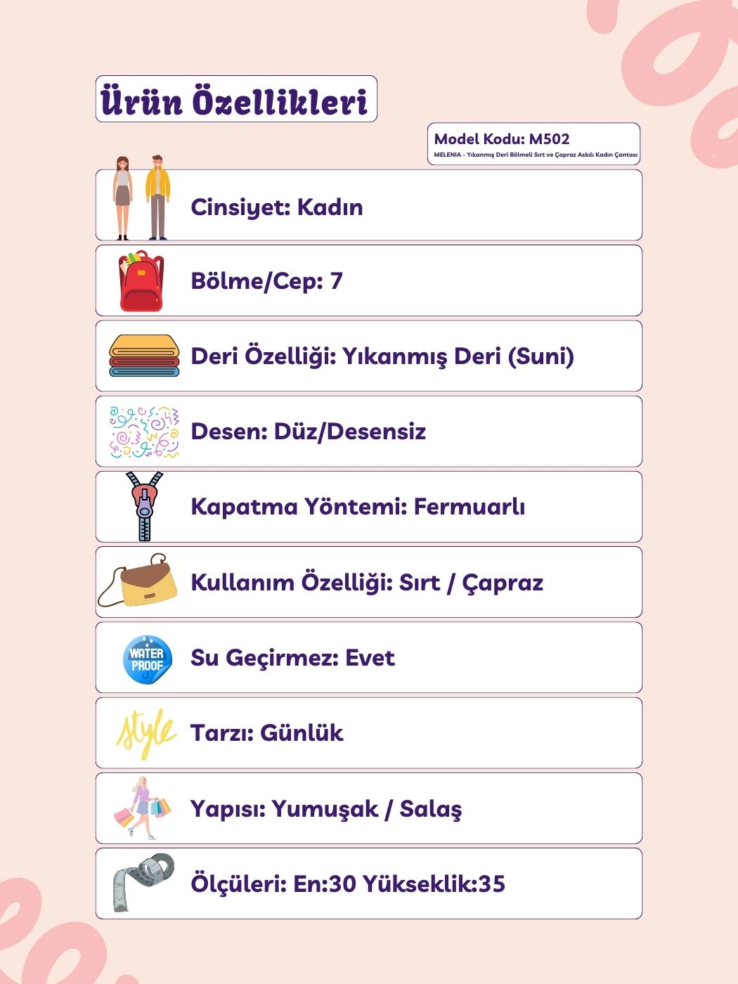 Melenia 7 Bölmeli Sırt ve Çapraz Askılı Kadın Çantası