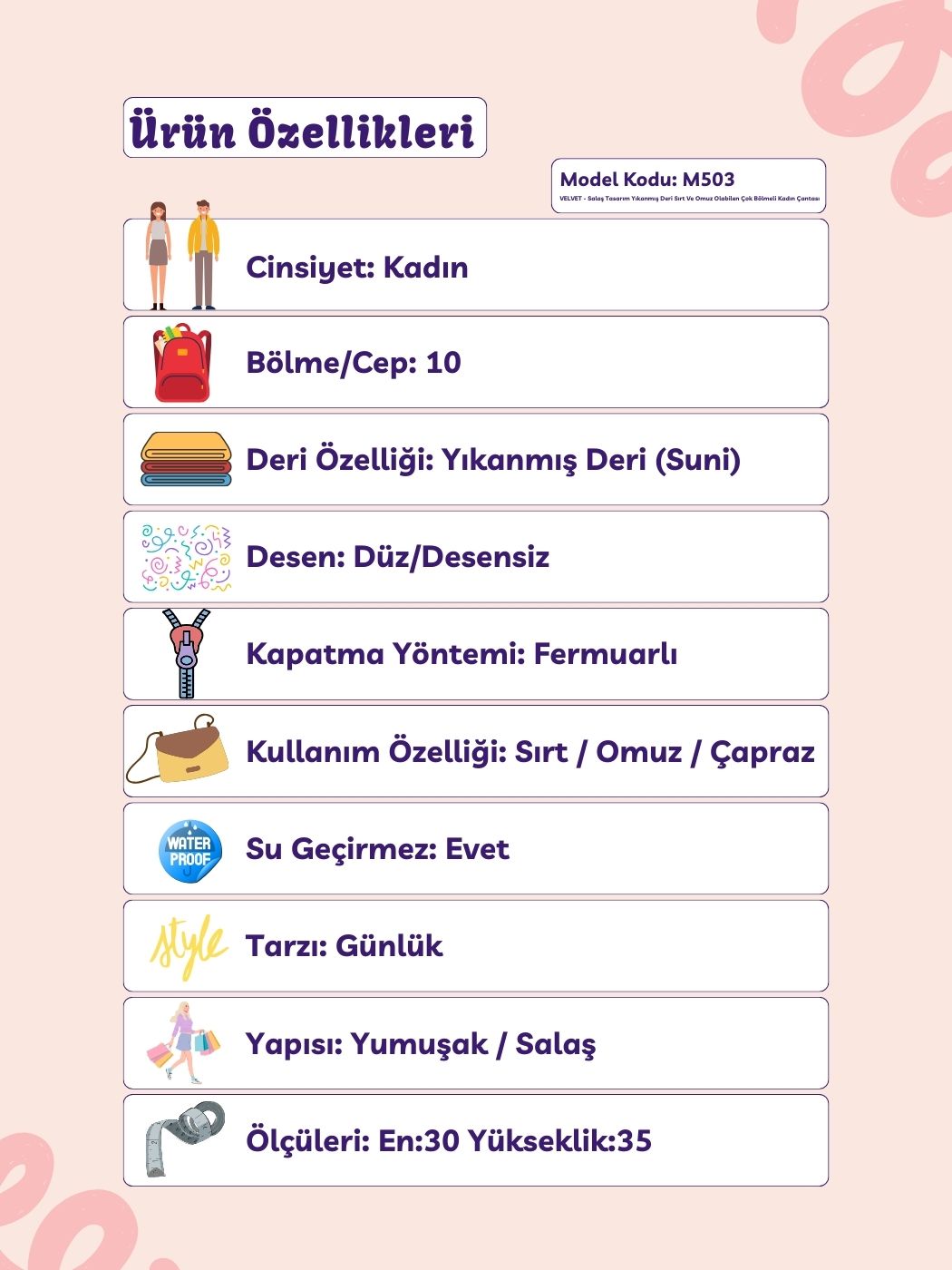 Velvet 10 Bölmeli Sırt, Omuz ve Çapraz Askılı Kadın Çantası