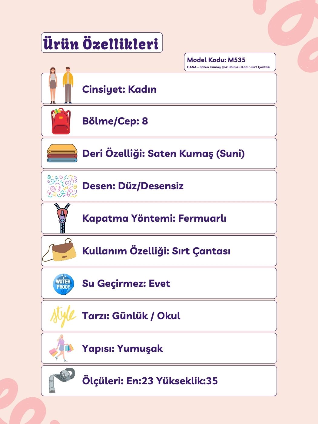 Hana 8 Bölmeli Saten Kumaş Kadın Sırt Çantası