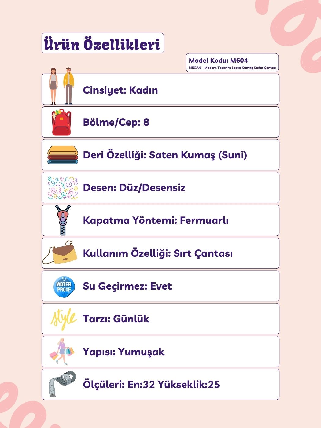 Megan 8 Bölmeli Saten Kadın Sırt Çantası