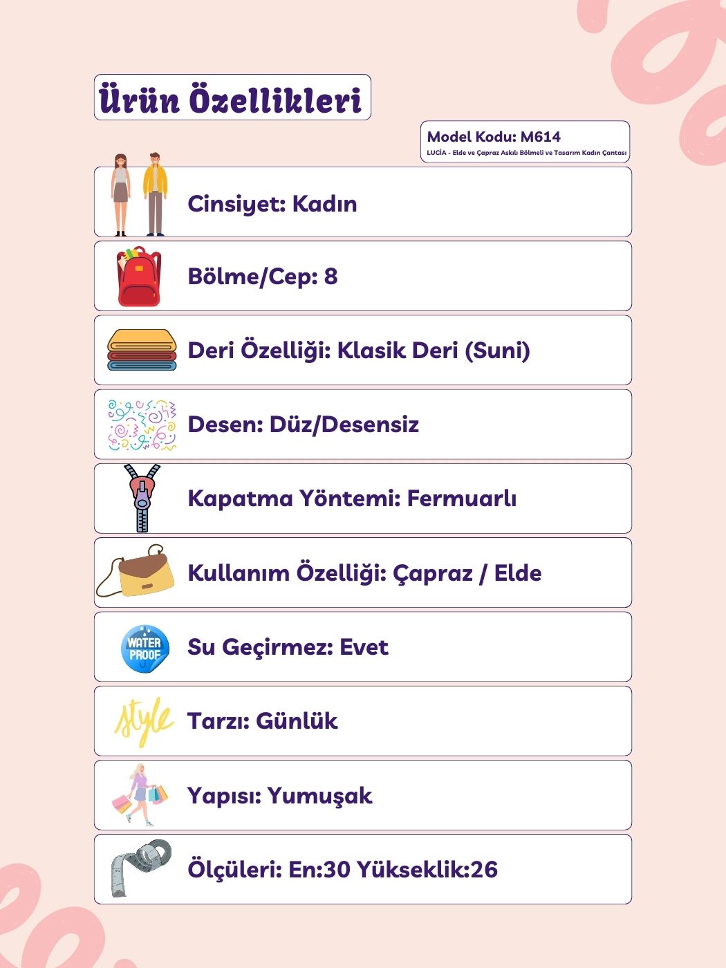Lucia 8 Bölmeli Elde ve Çapraz Askılı Kadın Çantası