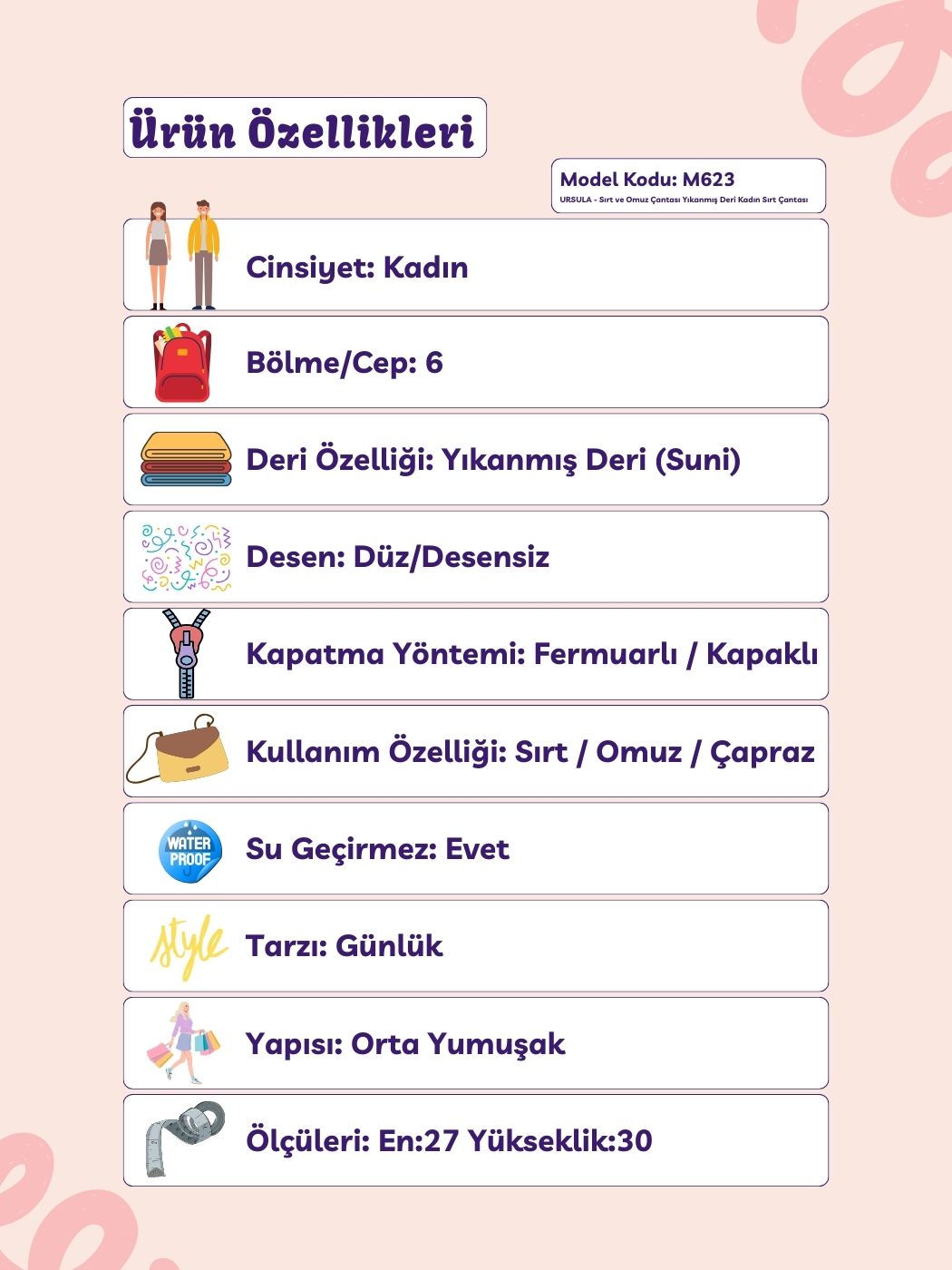 Ursula 6 Bölmeli Sırt ve Omuz Askılı Kadın Çantası