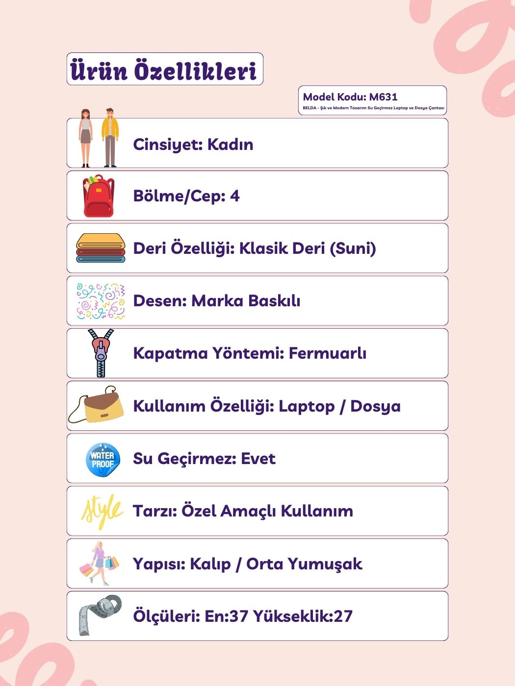 Belda 4 Bölmeli Kadın Laptop ve Dosya Çantası