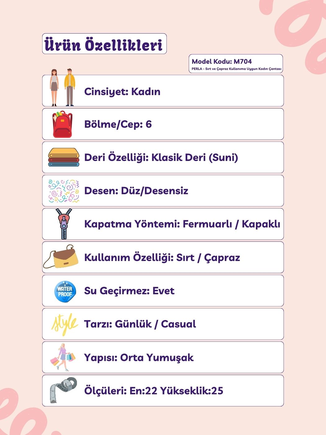 Perla 6 Bölmeli Sırt ve Çapraz Askılı Kadın Çantası