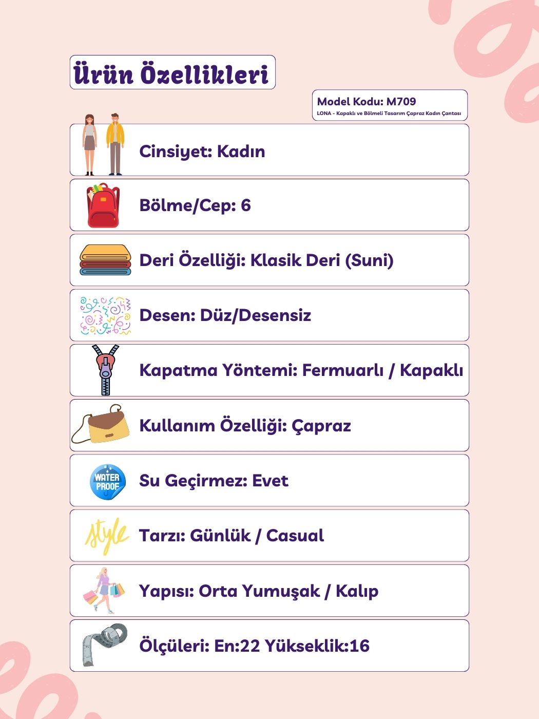 Lona 6 Bölmeli Çapraz Askılı Kadın Çantası
