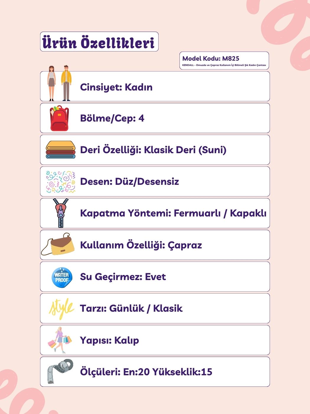 Kendall 4 Bölmeli Omuz ve Çapraz Askılı Kadın Çantası
