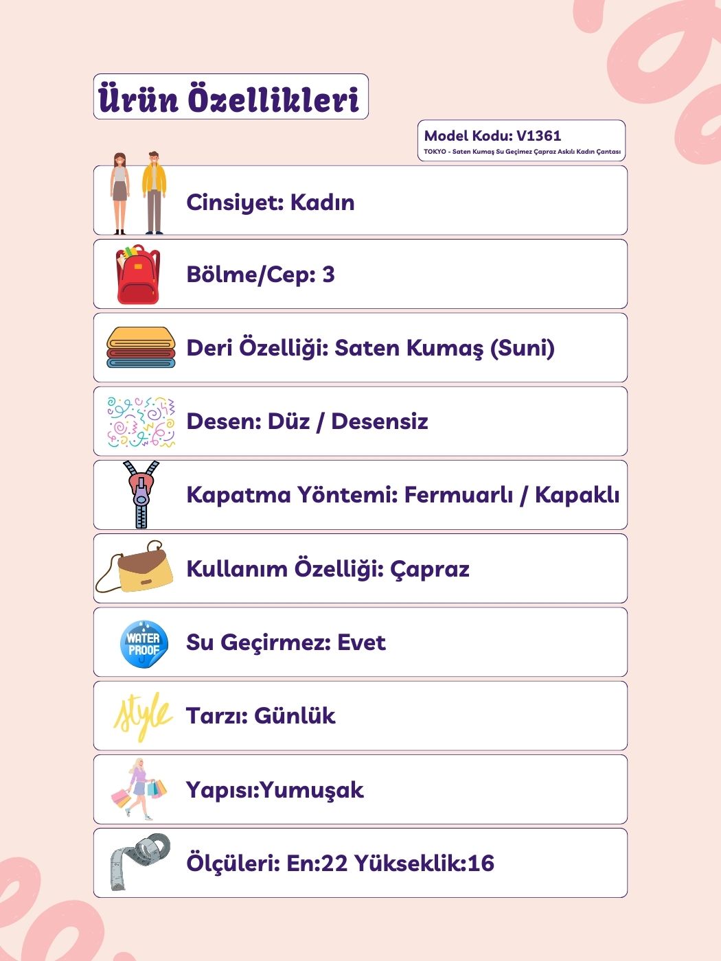 Tokyo 3 Bölmeli Saten Çapraz Askılı Kadın Çantası