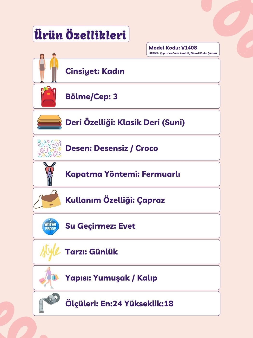 Lizbon 3 Bölmeli Çapraz ve Omuz Askılı Kadın Çantası
