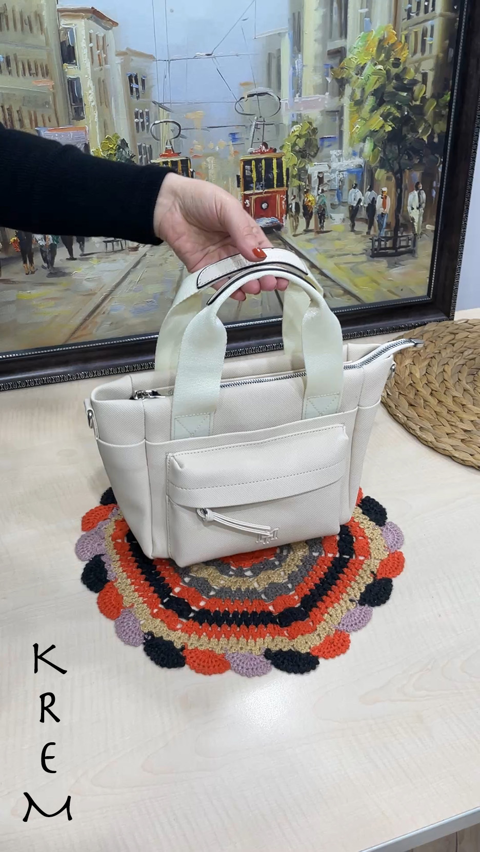 Elena 7 Bölmeli Canvas Deri El ve Çapraz Kadın Çantası