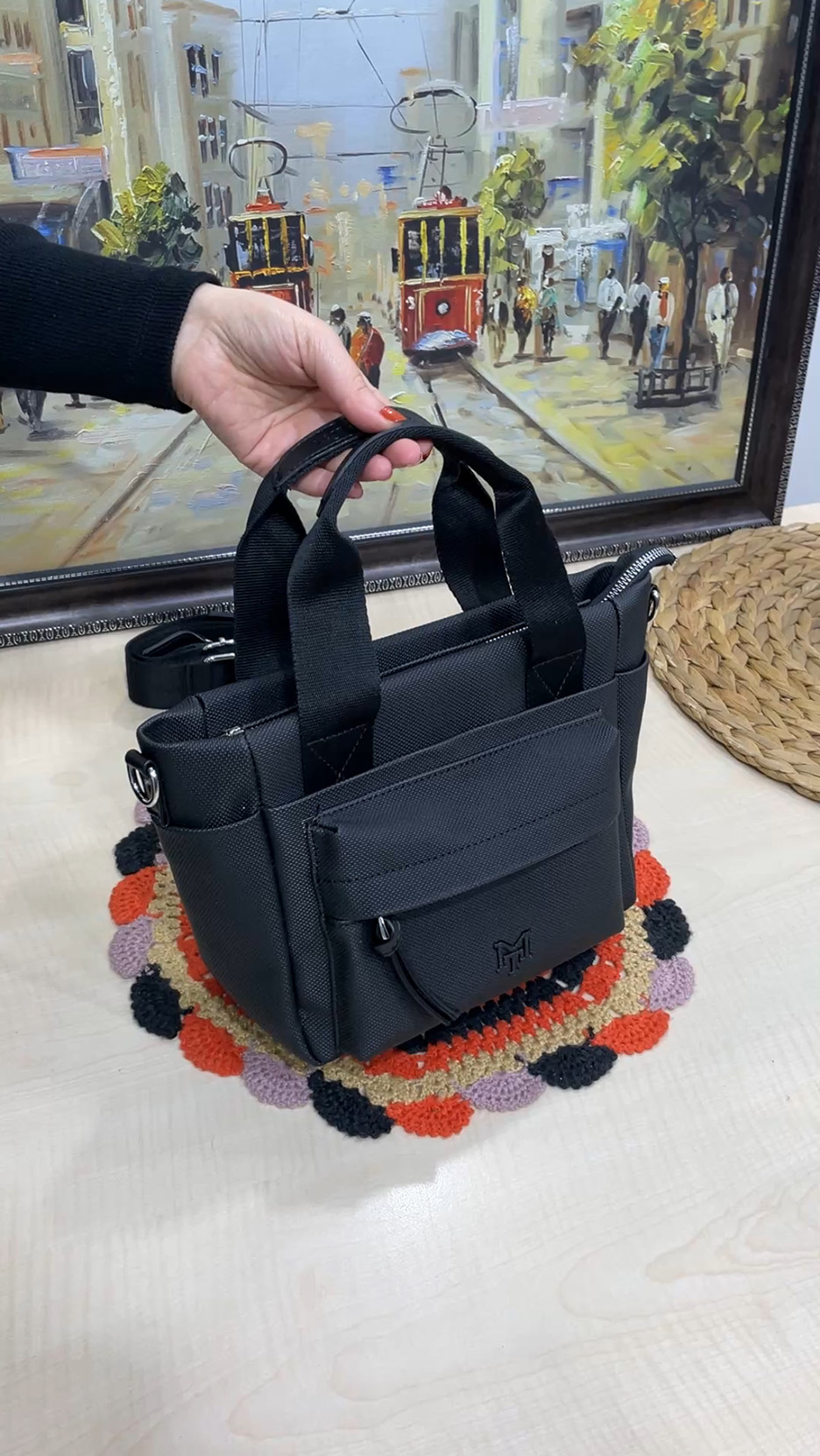Elena 7 Bölmeli Canvas Deri El ve Çapraz Kadın Çantası