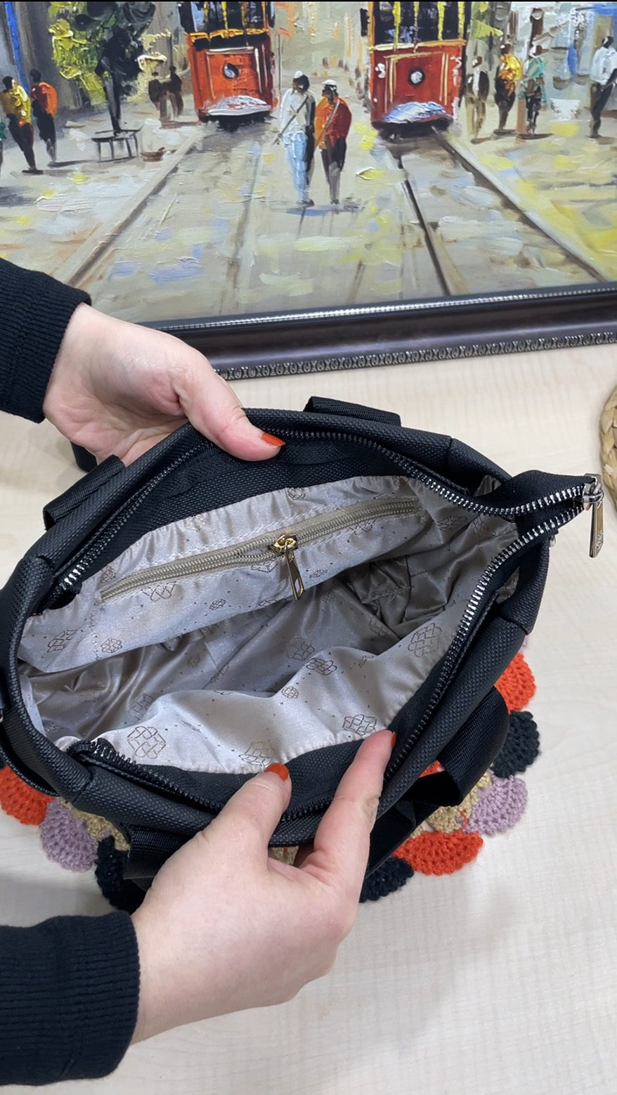 Elena 7 Bölmeli Canvas Deri El ve Çapraz Kadın Çantası