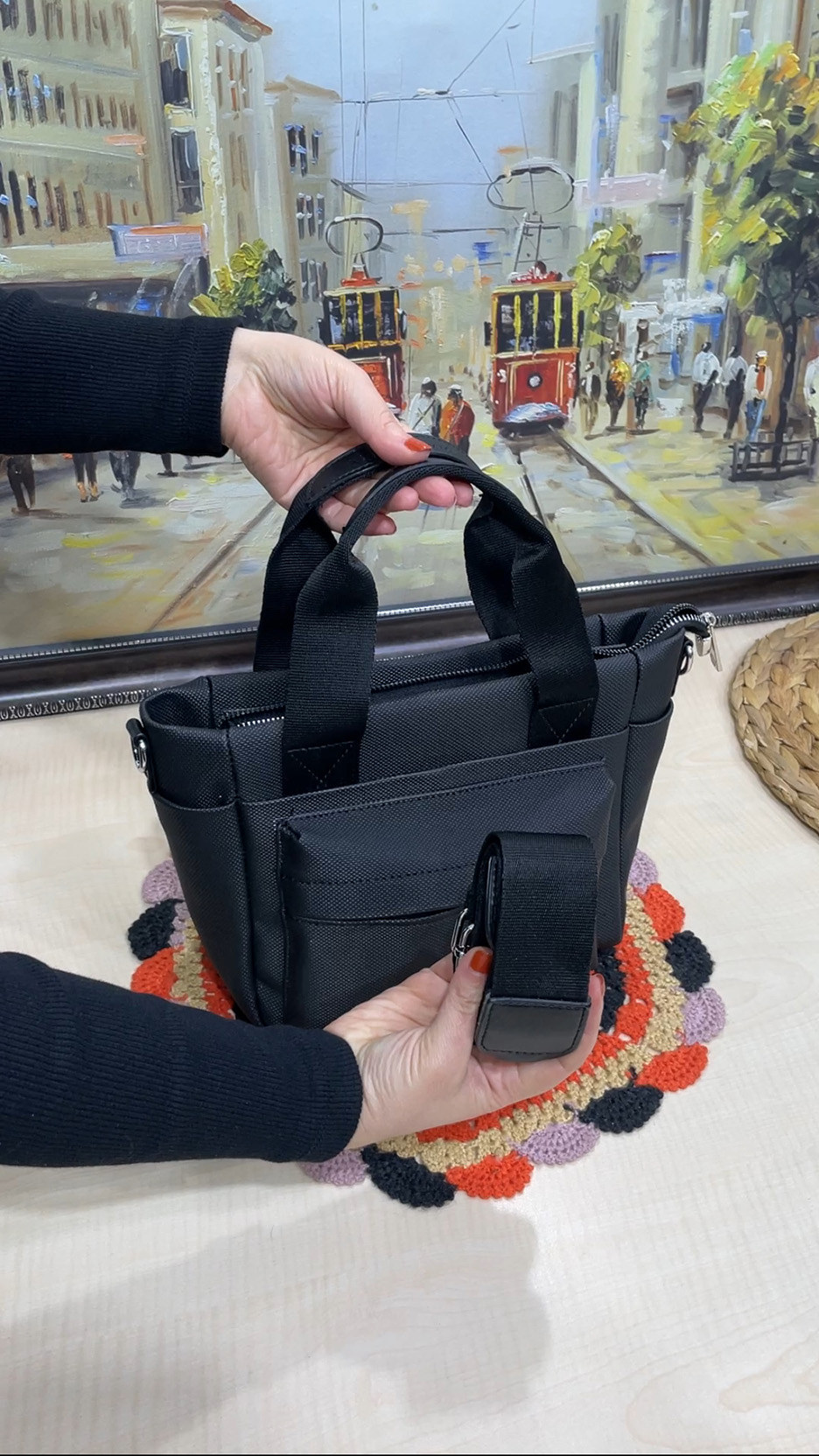 Elena 7 Bölmeli Canvas Deri El ve Çapraz Kadın Çantası
